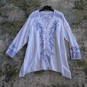 JOHNNY WAS blue white stripe EMBROIDERED top 3X B52" 3J Workshop